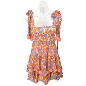 NEW Sundress Pippa Floral Orange Sleeveless Pom Pom  Mini Fit & Flare Dress XS